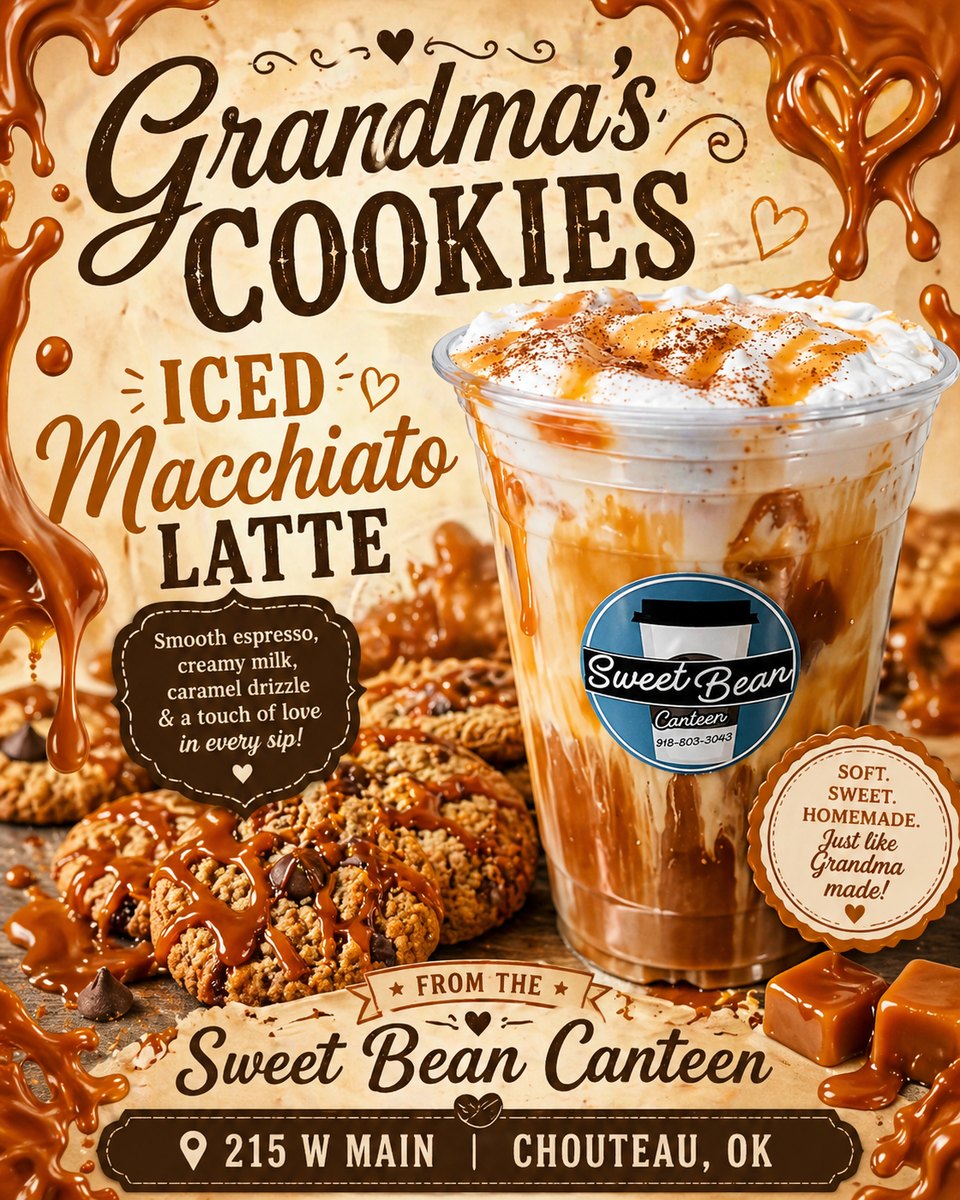 Grandma's Cookies iced macchiato latte with caramel drizzle