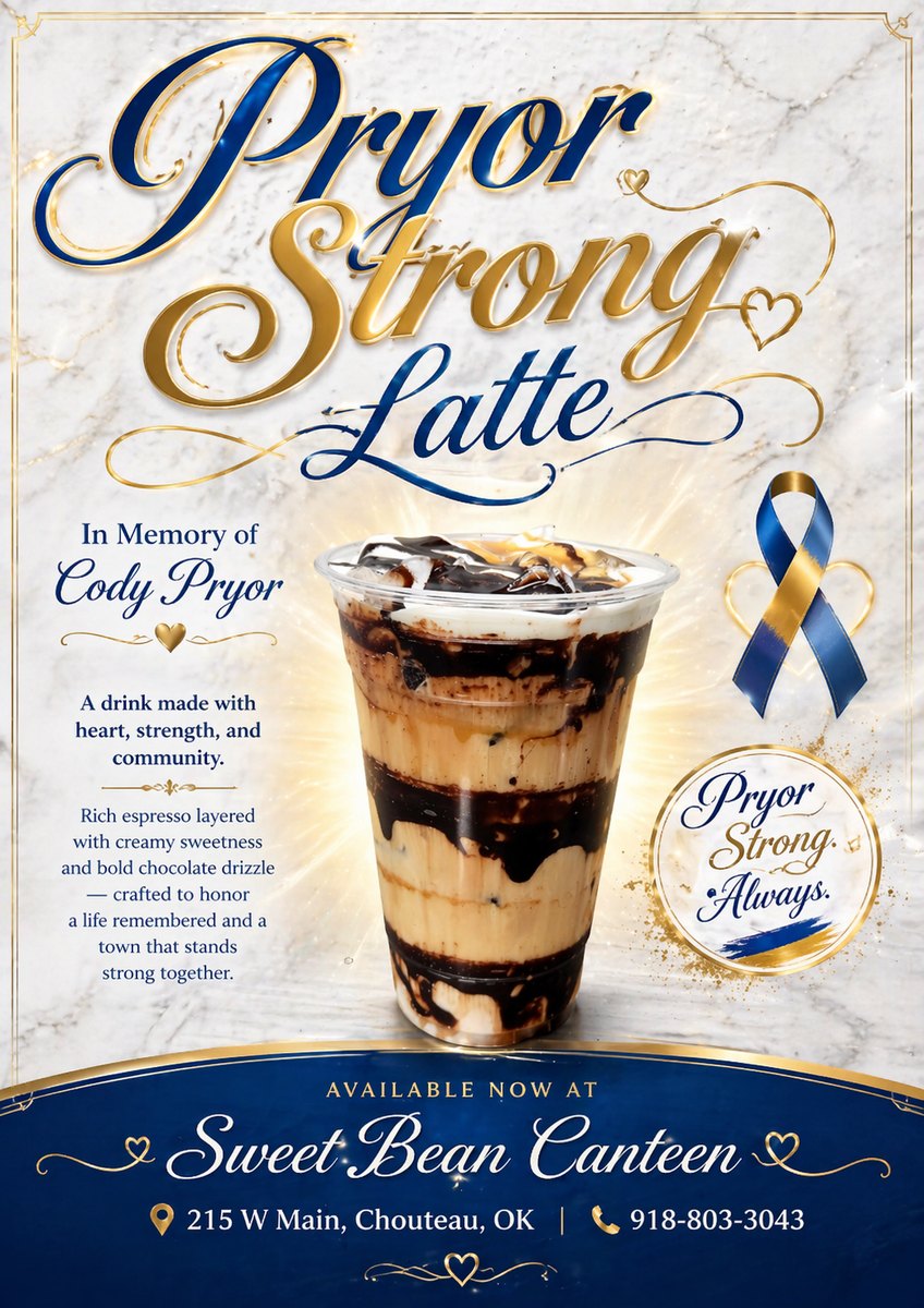 Pryor Strong Latte — espresso layered with creamy sweetness and chocolate drizzle, in memory of Cody Pryor
