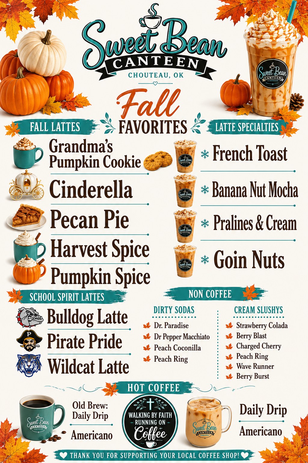 Sweet Bean Canteen Fall Favorites menu board — fall lattes, latte specialties, school spirit lattes, dirty sodas, cream slushys and hot coffee