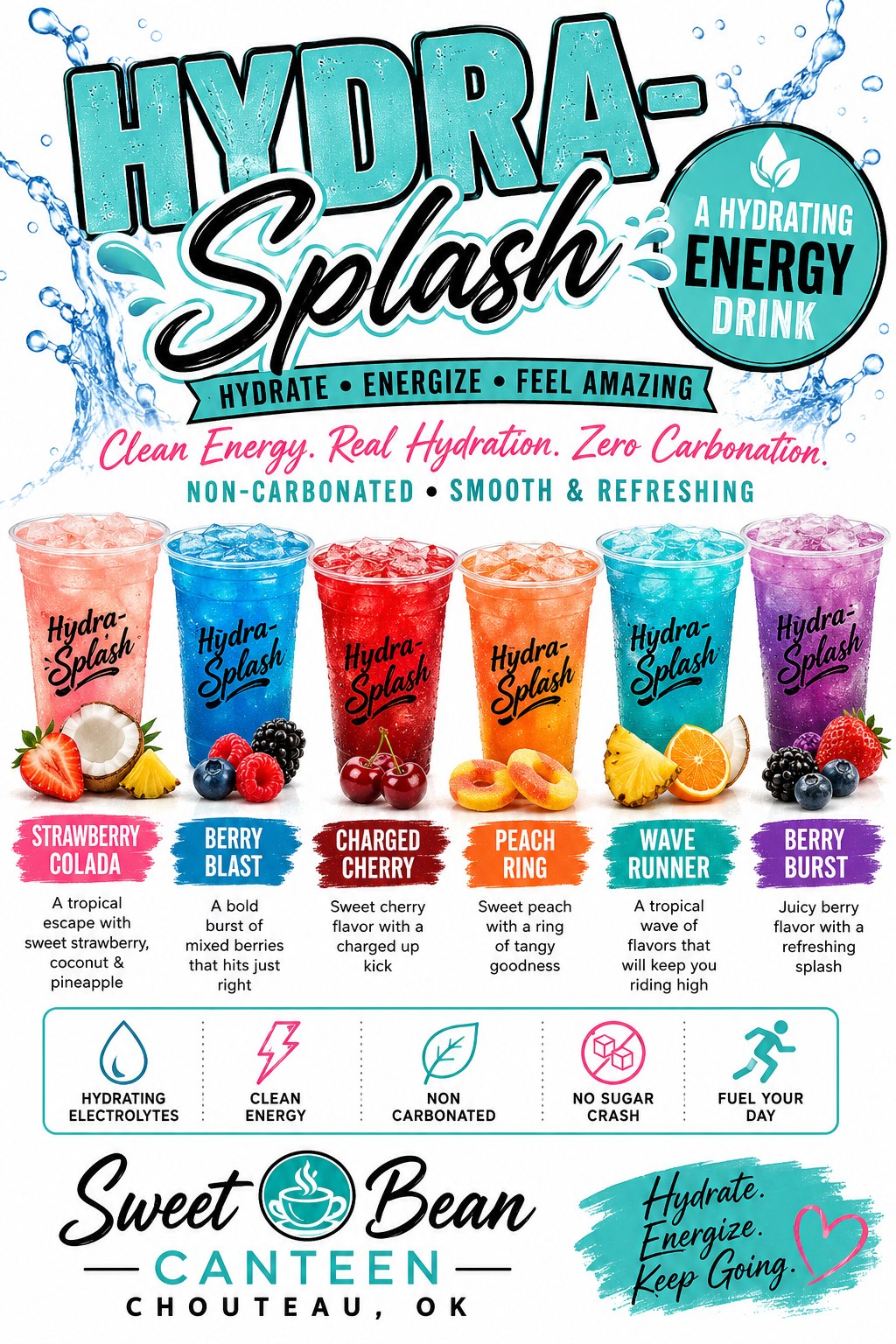Hydra-Splash hydrating energy drinks in six flavors — Strawberry Colada, Berry Blast, Charged Cherry, Peach Ring, Wave Runner and Berry Burst