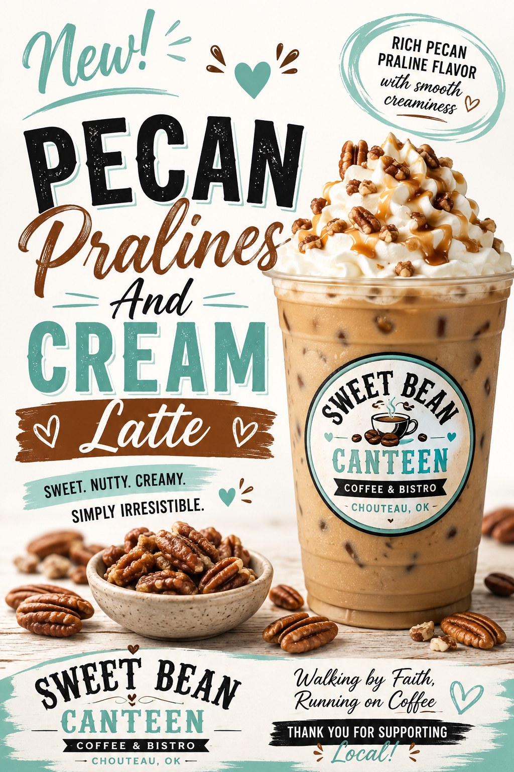 New Pecan Pralines and Cream Latte — iced latte topped with whipped cream, candied pecans and caramel drizzle