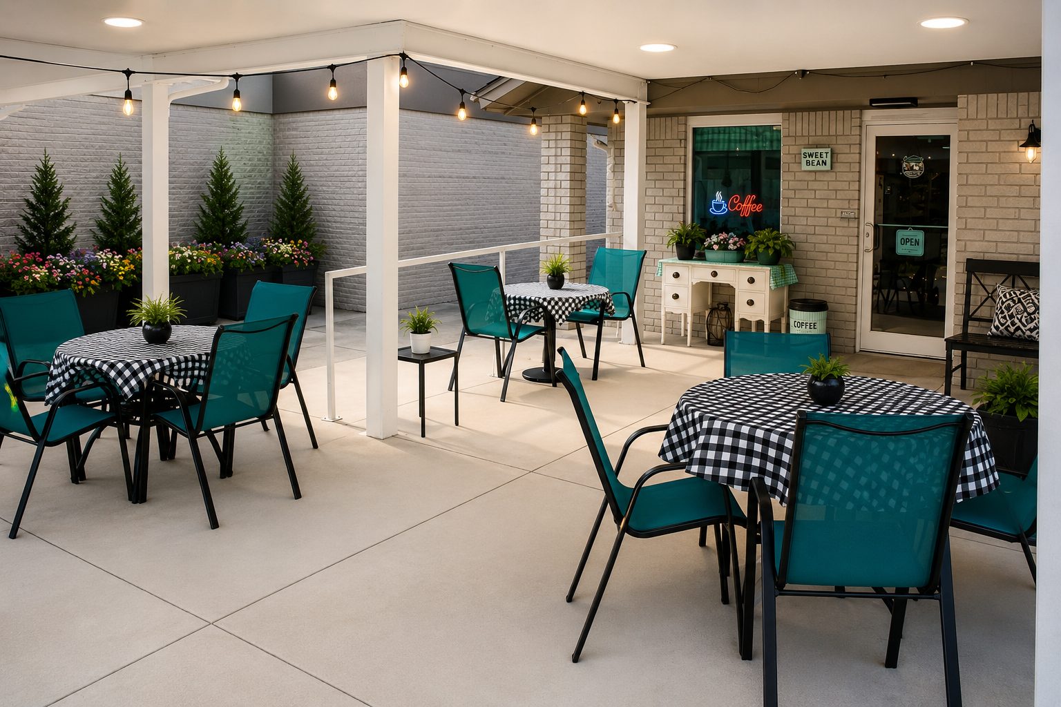 Covered patio seating at Sweet Bean Canteen, with string lights and teal chairs
