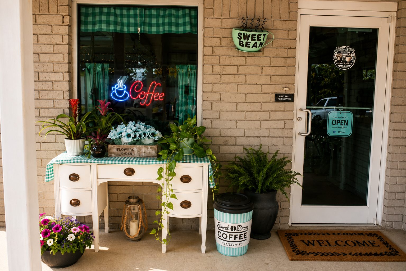 The Sweet Bean Canteen front door with the coffee neon in the window and a welcome mat