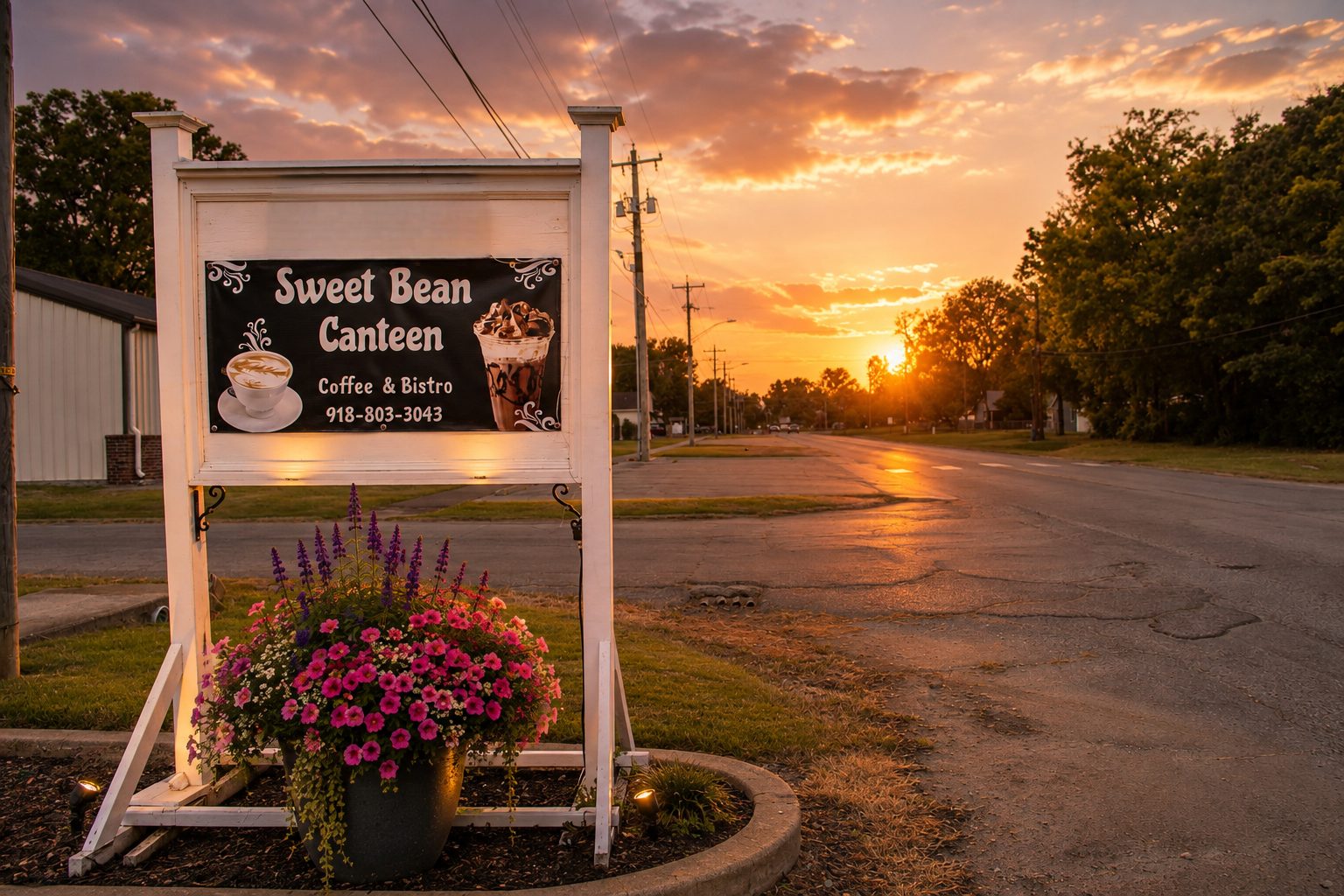 The Sweet Bean Canteen roadside sign on Main Street in Chouteau at sunset